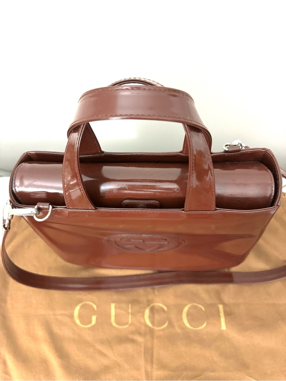 Authentic Gucci Glossy Brown Patent Leather Satchel with Double G Emboss - Picture 7 of 16
